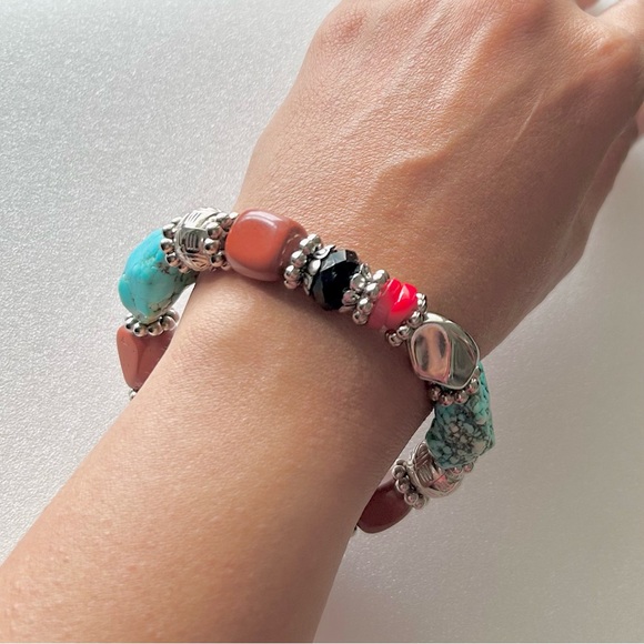 Turquoise and Carnelian Nuggets with Coral Colored Heishi Beads and Black Glass - Picture 3 of 8